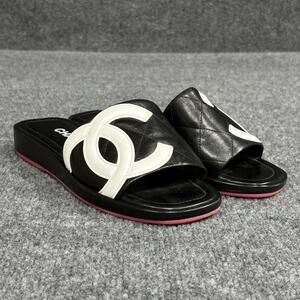 Chanel Cambon Slide Sandals Womens 5.5 Black Leather Quilted Logo Flat Shoe Pink